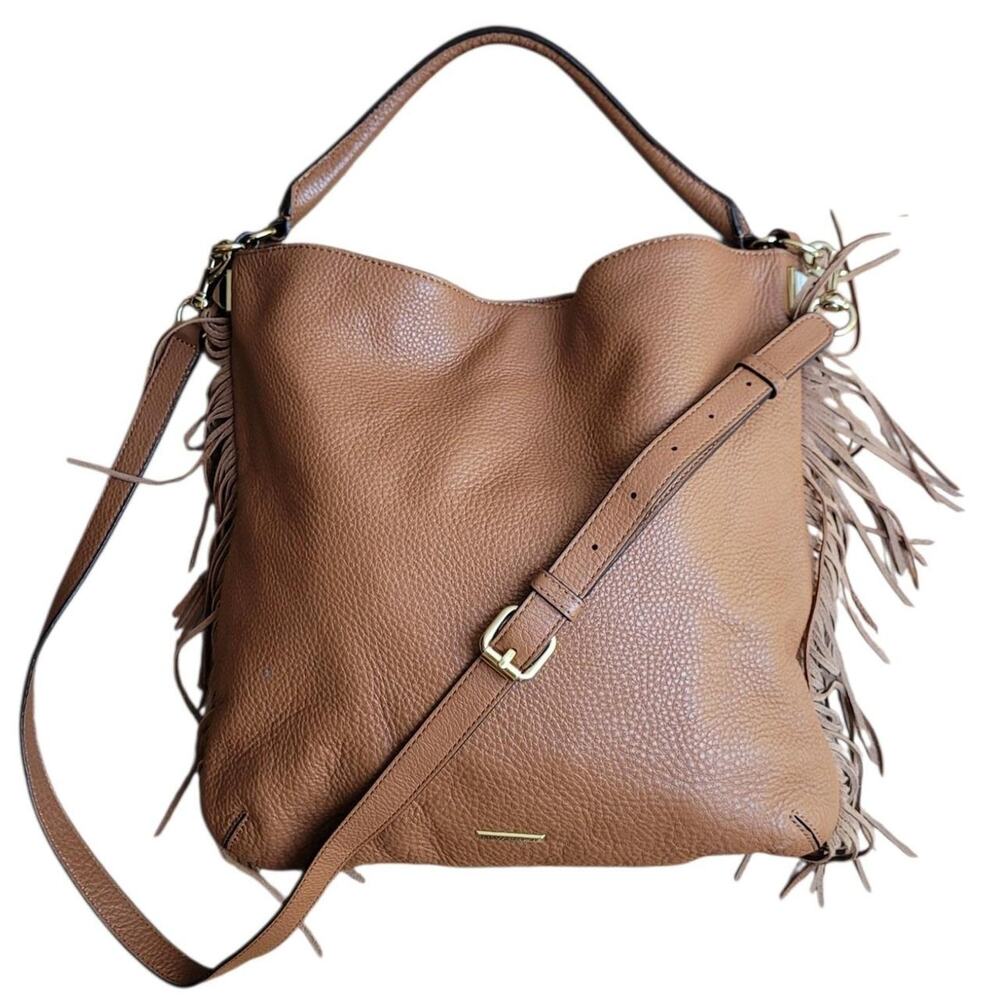Rebecca Minkoff Clarke Leather Fringe Hobo Bag in cognac brown